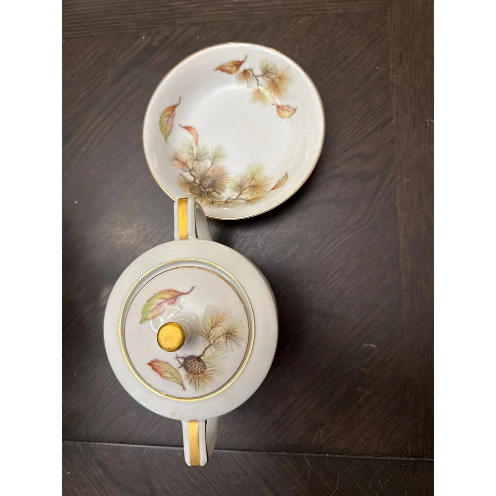 Vintage Porcelain Pinecone Sugar Bowl with Lid and Saucer Gold Trim Woodland Set